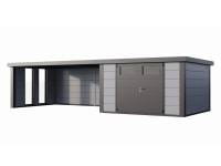 Wolff Finnhaus Metall-Gerätehaus Eleganto 3330 mit Lounge 4530 und 2 Fenstern links, Lichtgrau