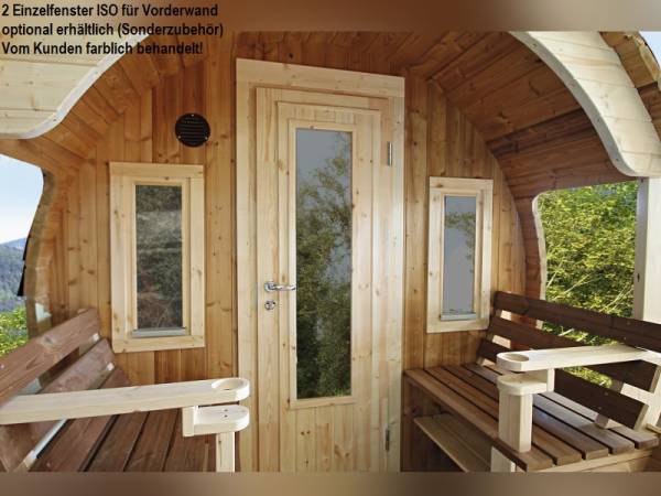 Wolff Finnhaus Thermoholz Saunafass Svenja 1 Premium montiert mit schwarzen Dachschindeln
