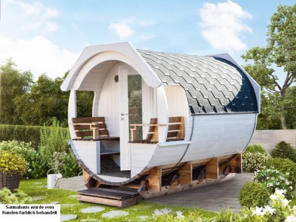 Wolff Finnhaus Saunafass Finja 1 komplett montiert mit schwarzen Dachschindeln