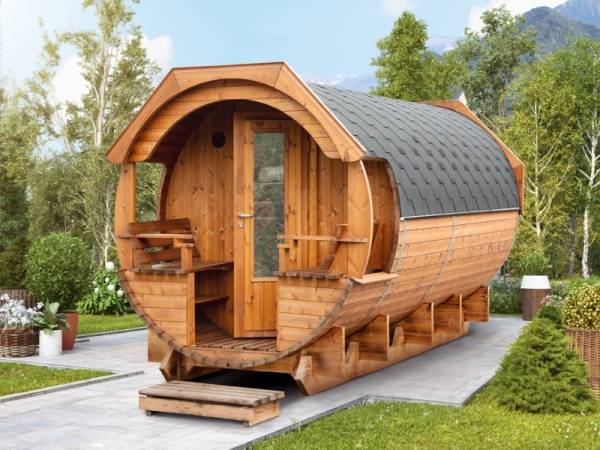 Wolff Finnhaus Saunafass Svenja 1 Premium Bausatz mit schwarzen Dachschindeln