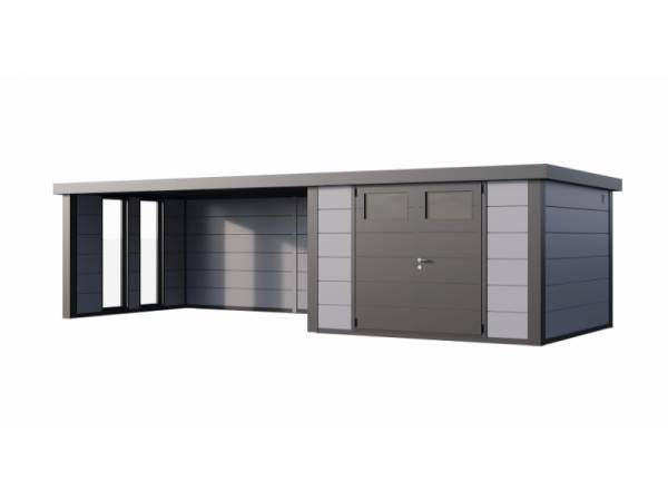 Wolff Finnhaus Metall-Gerätehaus Eleganto 3030 mit Lounge 4530 und 2 Fenstern links, Lichtgrau