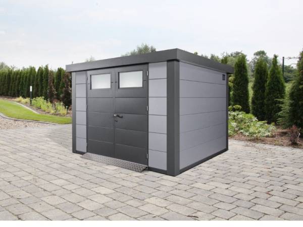 Wolff Finnhaus Metall-Gerätehaus Eleganto 3024 Lichtgrau inkl. Dachrinne und Fallrohr