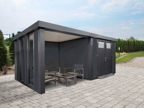 Wolff Finnhaus Metallhaus Eleganto 3024 Granitgrau inkl. Dachrinne und Fallrohr mit Lounge links, inkl. 2 Fenster