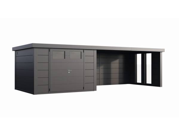 Wolff Finnhaus Metall-Gerätehaus Eleganto 3030 mit Lounge 4530 und 2 Fenstern rechts, Granitgrau