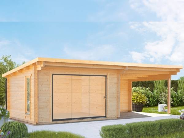 Wolff Gartenhaus Trondheim 70-D XL mit Schiebetür links und Lounge rechts