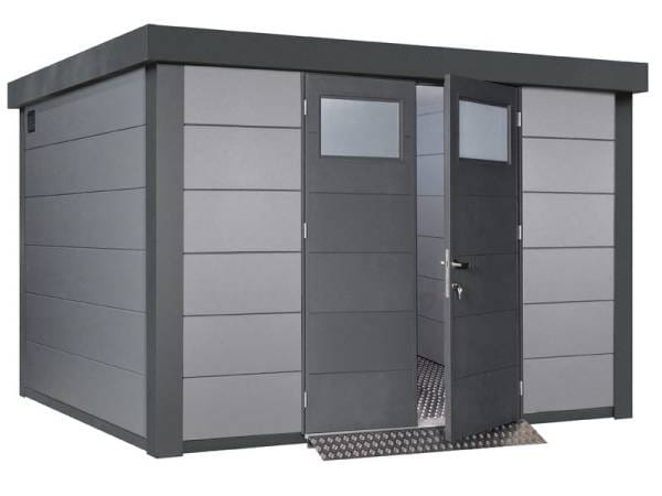 Wolff Finnhaus Metall-Gerätehaus Eleganto 3330 Lichtgrau inkl. Dachrinne und Fallrohr