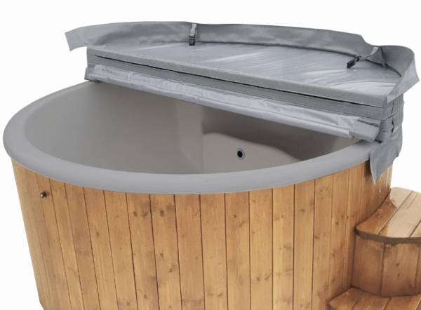 Wolff Finnhaus Badebottich Hot Tub de luxe Eiche mit grauem GFK-Einsatz, integriertem Außenofen