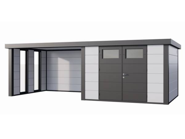 Wolff Finnhaus Metall-Gerätehaus Eleganto 3030 mit Lounge 3330 inkl. 2 Fenster links, Weiß
