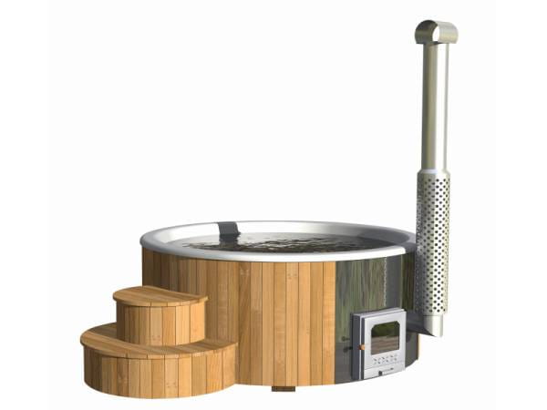Wolff Finnhaus Badebottich Hot Tub de luxe 200 cm mit weißem GFK-Einsatz, integriertem Außenofen und Thermoabdeckung