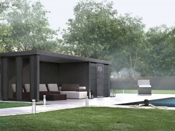 Wolff Finnhaus Metall-Gerätehaus Eleganto 2424 Granitgrau inkl. Lounge links mit 2 Fenstern, Dachrinne und Fallrohr Wolff Finnhaus Metall-Gerätehaus Eleganto 2424 Granitgrau inkl. Lounge links mit 2 Fenstern, Dachrinne und Fallrohr