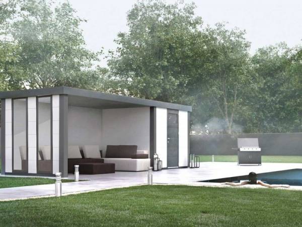 Wolff Finnhaus Metall-Gerätehaus Eleganto 2424 Weiß inkl. Lounge links mit 2 Fenstern, Dachrinne und Fallrohr Wolff Finnhaus Metall-Gerätehaus Eleganto 2424 Weiß inkl. Lounge links mit 2 Fenstern, Dachrinne und Fallrohr