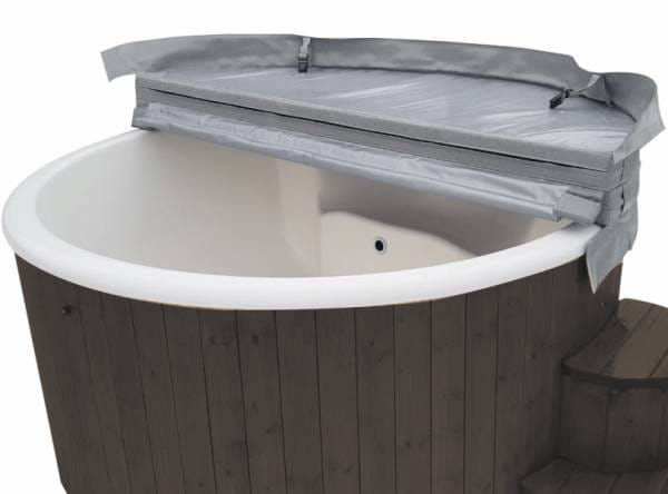 Wolff Finnhaus Badebottich Hot Tub de luxe Dunkelgrau mit weißem GFK-Einsatz, integriertem Außenofen