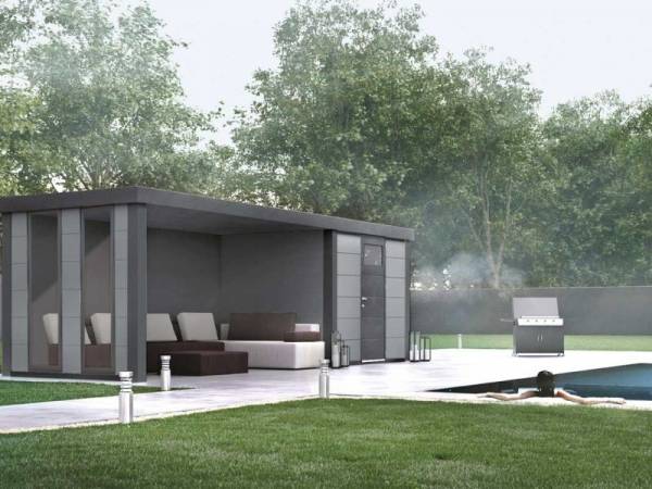 Wolff Finnhaus Metall-Gerätehaus Eleganto 2424 Lichtgrau inkl. Lounge links mit 2 Fenstern, Dachrinne und Fallrohr Wolff Finnhaus Metall-Gerätehaus Eleganto 2424 Lichtgrau inkl. Lounge links mit 2 Fenstern, Dachrinne und Fallrohr