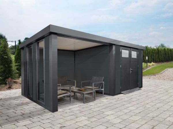 Wolff Finnhaus Metall-Gerätehaus Eleganto 2724 Granitgrau inkl. Lounge links mit 2 Fenstern, Dachrinne und Fallrohr Wolff Finnhaus Metall-Gerätehaus Eleganto 2724 Granitgrau inkl. Lounge links mit 2 Fenstern, Dachrinne und Fallrohr