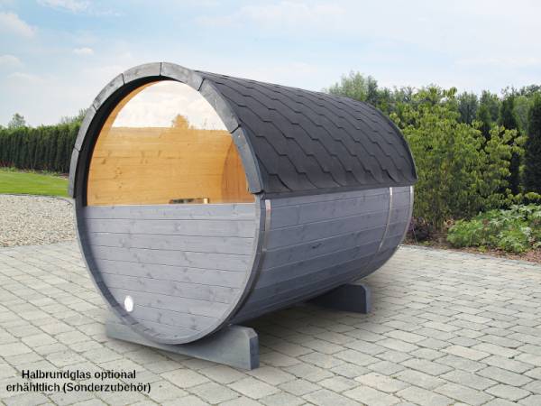 Wolff Finnhaus Saunafass 230 basic montiert mit schwarzen Dachschindeln