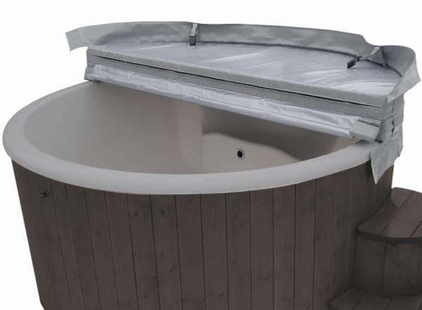 Wolff Finnhaus Badebottich Hot Tub de luxe Dunkelgrau mit grauem GFK-Einsatz, integriertem Außenofen