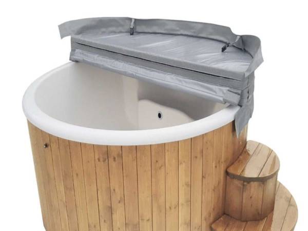 Wolff Finnhaus Badebottich Hot Tub de luxe 200 cm mit weißem GFK-Einsatz, integriertem Außenofen und Thermoabdeckung