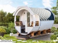 Wolff Finnhaus Thermoholz Saunafass Finja 2 Premium Bausatz mit schwarzen Dachschindeln